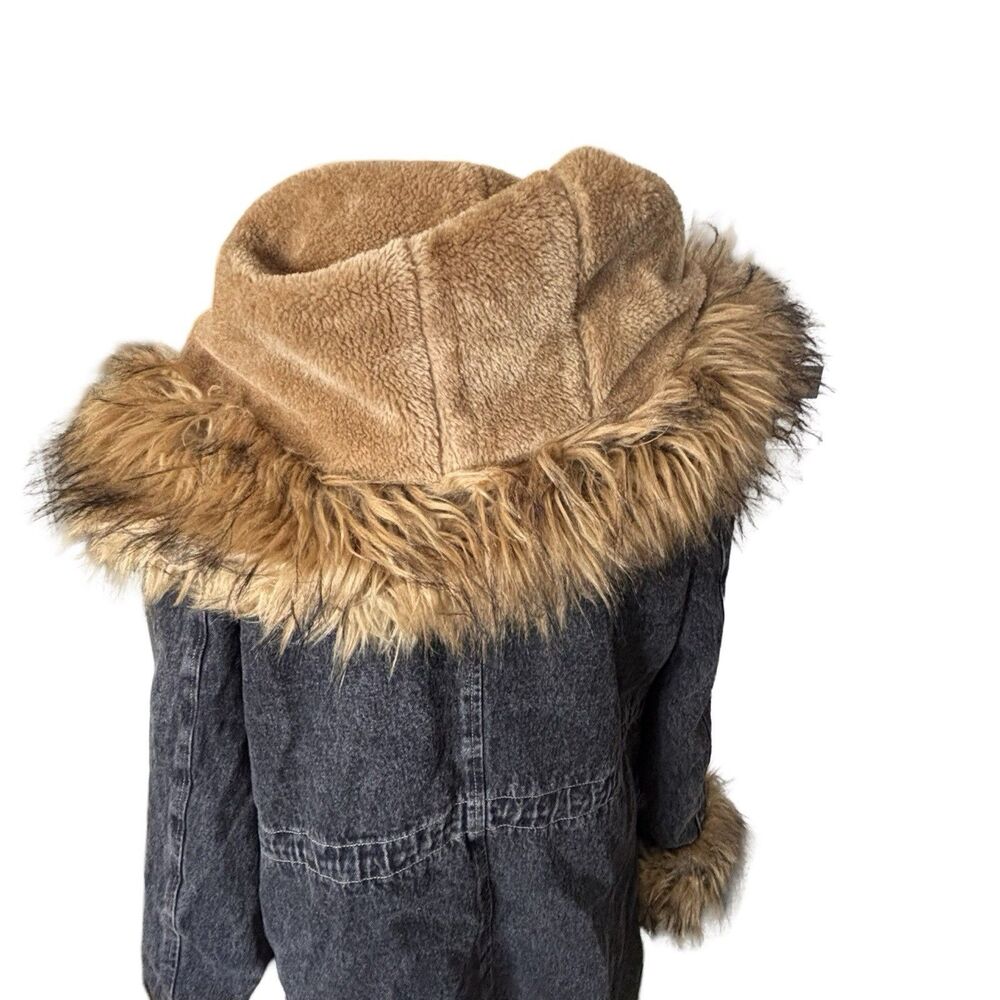 Y2K Fur Trim Penny Lane Hooded Coat Jacket Black Wash Distressed Denim Womens L - Picture 8 of 14